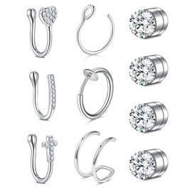 VCMART Fake Nose Ring Stainless Steel Fake Nose Rings for Women Fake Nose Ring Piercing Non Pierced Clip On Faux Nose Rings Piercing Fake Piercings Jewelry Silver