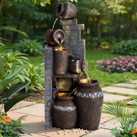 GIODIR Outdoor Water Fountain, 6-Tier Garden Waterfalls Fountain with LED Lights and Pump, 31.5" H Large Modern Indoor Water Feature for Patio, Deck, Porch, Backyard (14.6" L x 10.6" W x 31.5" H)