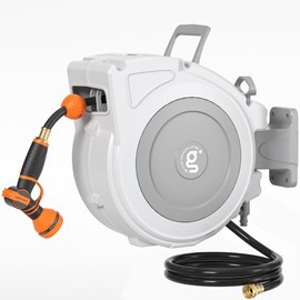 Giraffe Tools Retractable Hose Reel 1/2" x 65 ft Heavy Duty Water Hose Reel, Swivel Bracket, Any Length Lock, with 9-Function Sprayer Nozzle