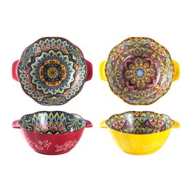 Henten Home Bohemia Large Bowls with Handle, 49 oz Ceramic Soup Bowl Set of 2, Porcelain Pho Bowl, Floral Noodle Bowls Set for Kitchen, Ramen, Udon, Microwave & Dishwasher Safe