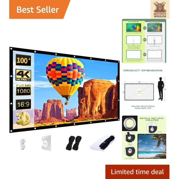 100-Inch Washable Projector Screen - Portable & Foldable for Indoor/Outdoor