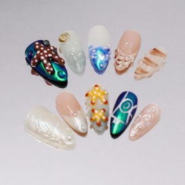 Medium Almond Thick Press on Nails Handmade Nails with Glue,Reusable Ocean Nails Sea Star Conch Designs Fake Nails Nude Pink Acrylic Nails Nature Stick on Nail False Nails for Wome (Size M)