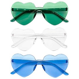 Set of 3 - Stylish Colorful Modern Chic Plastic Frameless Party Sunglasses UV 400 Protection (Clear, Blue & Green)