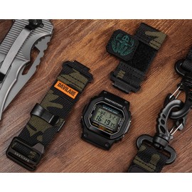 16MM Nylon Watch Band Compatible with G-Shock DW-5600/6900/5700/8900,GW-M5610/6900,GD-100/110/120/350/GM-2100/GA2100/GA-B2100, Military Patches Design, Quick Release Outdoor Watch Strap for Men Women