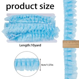 letsinstyle 10 Yards 2-Layer Satin Organza Lace Edge Trim, 1.57 Inch Gathered Ruffle Chiffon Ribbon, Blue Edging Trimmings for Cloth Dress Sewing Embroidered Applique Wedding Party Decor