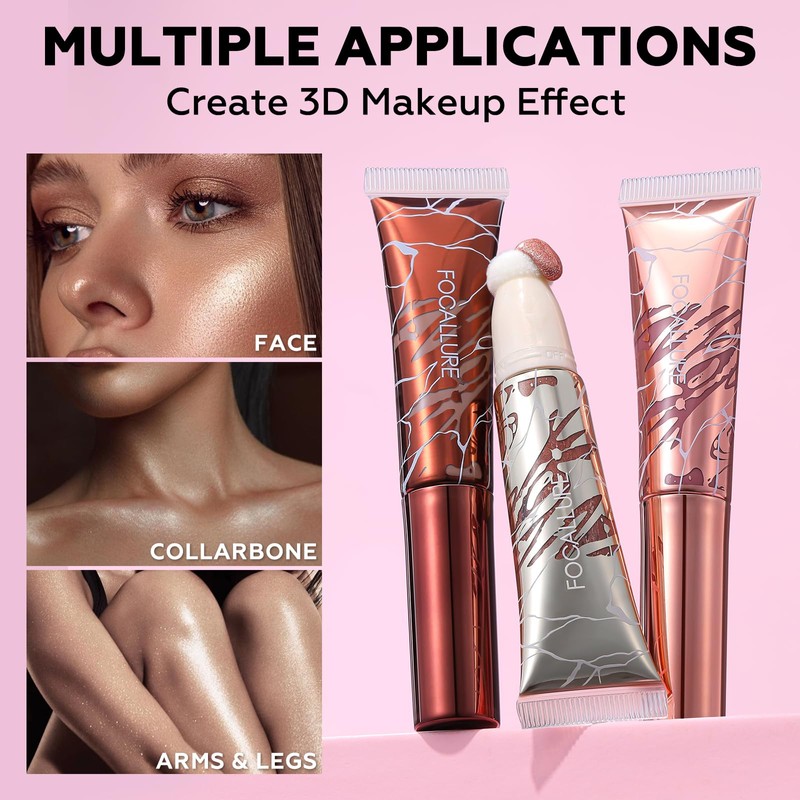 FOCALLURE 3 PCS Liquid Contour Stick,Moisturizing Highlighter,Blush and Bronzer,Silky Cream