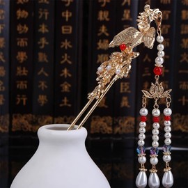 Gold Phoenix Tassel Hairpins Pearl Tassel U-Shape Hair Stick Chinese Style Hair Accessory for Women Girls (Golden, One Size)