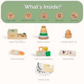 Montessori Learning Toy Set for 7-12 Months, 6-in-1 Wooden Toys with Box, Puzzle, Egg Cup, Stacking Tower, Book & Blocks