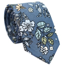 BELLUNO - Corbata floral para hombre, corbata de flores con estampado para bodas, fiestas, actividades, corbata delgada de algodón + caja de regalo, zacate azul marino, Flaco