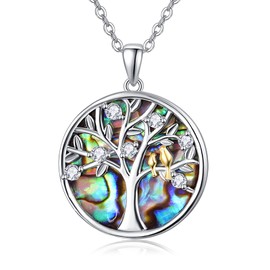 TANGPOET Tree of Life Necklace 925 Sterling Silver Abalone Tree of Life Pendant Family Tree Pendant Necklace with Bird Valentines Day Jewellery Gifts for Women Family Friends