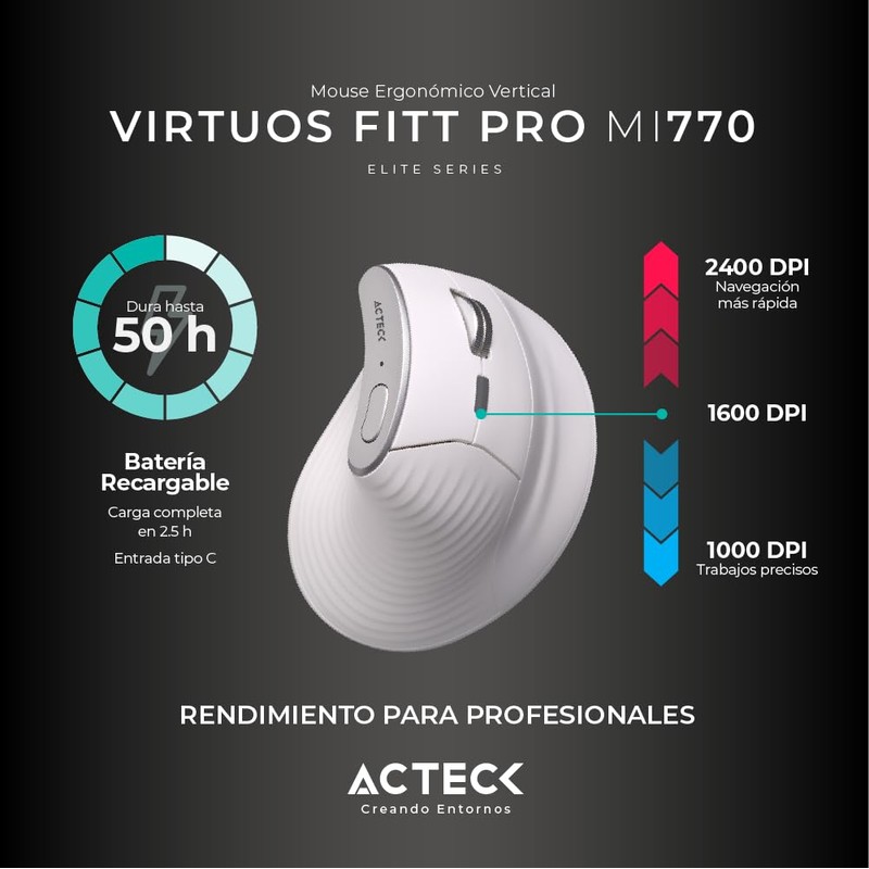 Acteck Mouse Ergonomico VIRTUOS Fitt Pro MI770 1600dpi Inalambrico 8