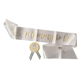 Amy's Bubbling Boutique Twinkle Little Star Baby Shower Mommy Sash & Daddy to Be Pin White & Gold Gift Set