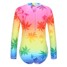 Big Girls One Piece Swimsuits Long Sleeve Rash Guard Swimshirt for Kids UPF 50+ Sun Protection Bathing Suit Gradient Palm Size 16/14-16