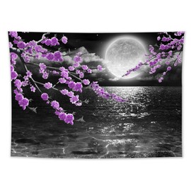 LB Small Full Moon Over Ocean Tapestry Wall Hanging, Purple Japanese Cherry Blossom Wall Tapestry, Fantasy Asian Scenery Tapestry for Bedroom Living Room Dorm Home Decor, 60 x 40 Inches
