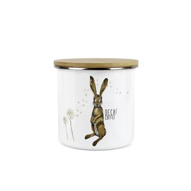 Purely Home Hares Decaf Coffee Storage Canister - Hare And Dandelion Animal Floral White Metal Enamel Medium Sized Food Storage Container