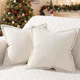 Mecatny Corduroy Christmas Pillow Covers 22x22 Inch Set of 2 - Striped Throw Pillow Covers with Wide Border for Living Room, Bed - Soft Square Decorative Pillow Covers for Couch - Cream White