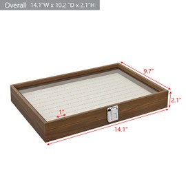MOOCA Ring Box Jewelry Display Tray, Display Case Accessories Storage Box with Tempered Glass Hinge Lid, Beige Lined Jewelry Tray for Rings, Walnut Color, 14.1W x 10.2D x 2.1H in