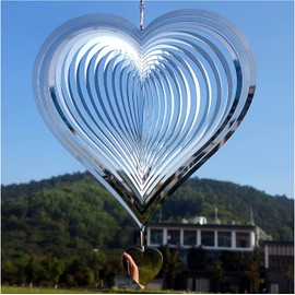 WindAngel Stainless Steel Wind Spinner Outdoor for Yard and Garden Decoration,3D Heart Pattern Metal Wind Sculptures & Spinners, Indoor Whirligig Crafts Ornaments Gifts (3D-Heart-Silver)