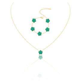 JIEMUCHU Gold Plated Stainless Steel Four Leaf Clover Bracelet and Necklace Jewelry Set for Women (Malachite-Gold Plated)