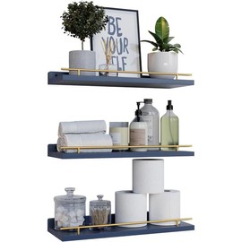 Floating shelves with gold metal guardrails, set of 3 wall decorative frames, bedroom, bathroom, kitchen, living room, plants, photo frames, art - white and gold - Color: Gold in Navy Blue, Size: 15.7 inch