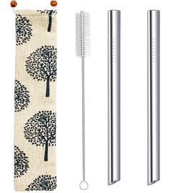 Reusable Boba Straws Extra Wide 12mm Bubble Tea Smoothie Milkshakes Jumbo Straws Angled Tip Stainless Steel Metal Drinking Straw with Carry Bag Cleanning Brush Silver 2PCS