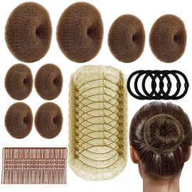 63-Piece Bun Donut For Hair Set In Different Sizes, Hair Bun Maker with Bobby Pins and Elastic Bands for Women Kids Ballet Dancers(Light Brown)