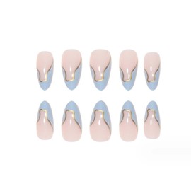 Gifiky Short False Nails Almond Press on Nails French Nails Tips Full Cover Swirl Fake Nails for Women and Girls 24Pcs