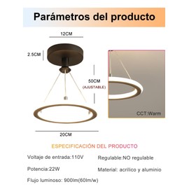 Luz LED Colgante Redonda, 3000K Luz Cálida, 25W, Moderna Luz Lámpara Círculo Simple, Iluminación Suave, Adecuada para Salón, Dormitorio, Pasillo, Comedor