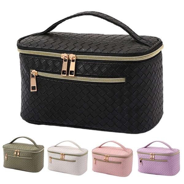 Siomlana Checkered PU Cosmetic Pouch, Waterproof, Large Capacity, Flip Cover,