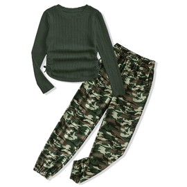 Glaoly Teen Girl Clothes Size 15 16 Ruched Drawstring Ribbed Knit Long Sleeve Top Camouflage Pants Girls' Clothing Sets 2 Piece
