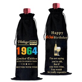 Megitzuu Burlap Wine Bag for 60th Birthday, Happy 60th Birthday Party Wine Bottle Gift Bag Black Wine Bottle Bags (1964)