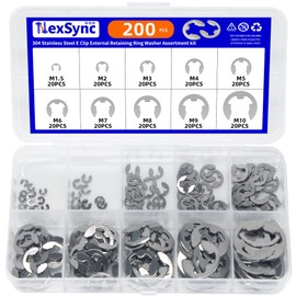 NexSync 200-Piece Metric E-Clips Assortment Kit,304 Stainless Steel External Retaining Rings, M1.5-M10 Circlip Washer Assortment for Automotive, Machinery & Industrial Maintenance