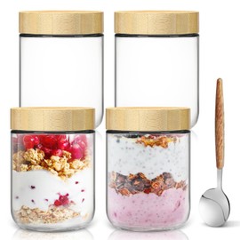 Overnight Oats Containers with Lids,Wide Mouth Glass Mason Jars 16oz with Lids,Overnight Oats jars with Spoons,Yogurt Containers with Bamboo Lid for Meal Prep,Chia Pudding,Snacks,Salad,Spice(4-Pack)