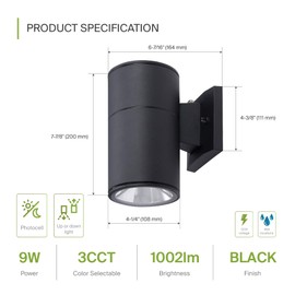 ASD LED 1-Way Square Cylinder Wall Light Fixture | 9W 1000LM 3000K-5000K 120V | 3CCT, Photocell, Wateproof, ETL Listed | Exterior Patio Lighting Sconce, Dusk to Dawn Outdoor Porch Lamp | Black