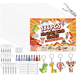 186 Shrinky Dink Sheets kit, Shrinky Sheets Keychain kit Including 25 Sheets Shrinky Plastic Paper, Tassels, Keychain, Open Iron Ring, Earrings, Pearl chain and Hole Punch for Creative Craft Marking