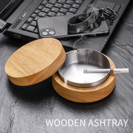 Wooden Ashtray with Lid for Smokers Stainless Steel Liner Ash Tray Windproof Durable Easy to Clean Cool Ashtrays for Indoor or Outdoor Use, Patio, Office & Home