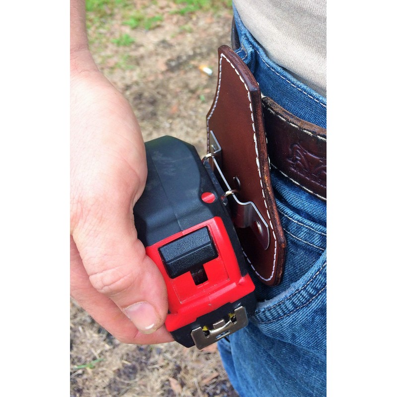 Low Profile Leather Tape Measure Holder with Belt Clip (Dark