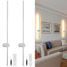 KELUOLY Dimmable Plug in Wall Sconce Set of 2, Chrome 39.37" LED Wall Light with Remote, Adjustable Color Temperature Brightness Wall lamp with Timer for Living Room,Bedroom and Accent Lighting