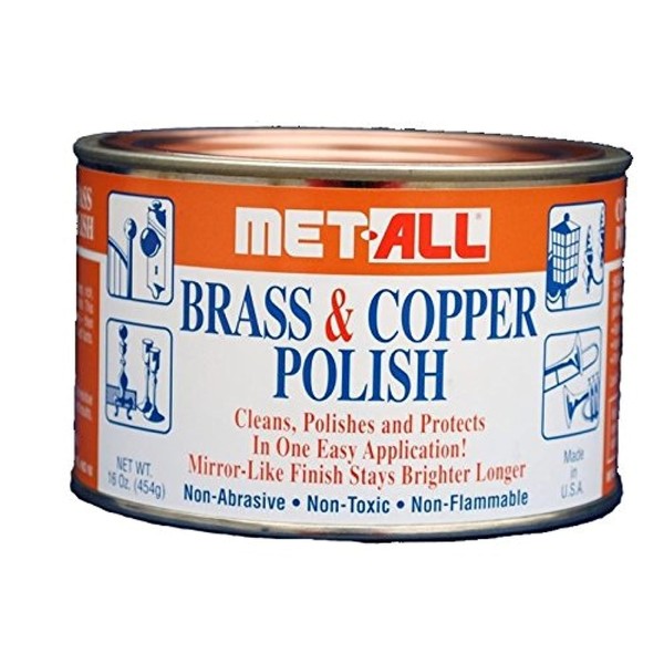 MET-ALL BC-10 Brass & Copper Polish 16oz Cleans, Polishes, Protect Oxidation & Tarnish Removal on Antiques, Rails, Ships, Elevators Leaving Protective Barrier + EXTRA LARGE Microfiber Polishing Cloth
