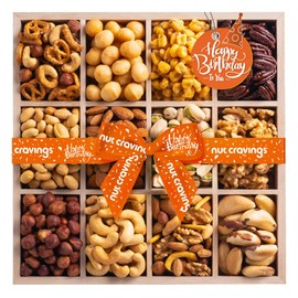 Happy Birthday Gift Basket, Gourmet Nuts in Reusable Wooden Tray + Orange Ribbon (12 Assortments) Arrangement Platter, Care Package Variety, Healthy Food Tray, Kosher Snack Box for Women Men Adults