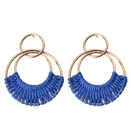 Royal Blue Earrings for Women Dainty Rattan Drop Earrings for Womens Trendy Geometric Bohemian Earrings for Her Raffia Dangle Earrings Fashion Summer Beach Accessories Big Round Earrings