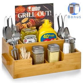 Bamboo Utensil Holder Wooden Caddy Set Plus 2 Spice Jars, Silverware Flatware Beer Tray For Spoons Knives Forks Napkins Chopsticks Condiments 10 Compartment Coffee Breakroom Kitchen Organizer Home