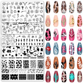 Whaline 6Pcs Western Nail Plates Stamping Set Cowboy Cowgirl Stamp Templates Nail Art Plates for DIY Print Manicure Salon Design
