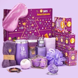 Advent Calendar 2025-12 Days of Christmas Advent Calendar for Women, Mom, Wife, Girlfriend, Sister, Her - Unique Lavender Spa Gifts Basket Set Includes Coffee Mugs, Scented Candle, Bath Salt, Soap