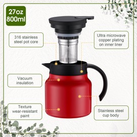 Ziliny 2 Pcs Thermal Coffee Carafe Stainless Steel Coffee Carafes for Keeping Hot/Cold Drinks Double Wall Vacuum Insulated Teapot Beverage Server Dispenser for Milk Tea Hot Chocolates(Red,27 oz)