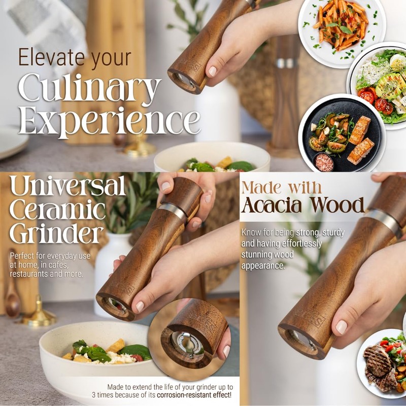 Acacia Wood Salt & Pepper Grinder Set – 8" Manual