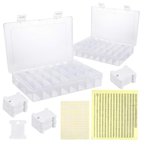 Caydo 2 Pcs 24 Grids Plastic Embroidery Floss Cross Stitch Organizer Box with 150 Hard Plastic Floss Bobbins, 552 Floss Number Stickers and 165Blank Stickers(Full Set)