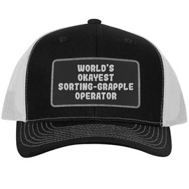World's Okayest Sorting-Grapple Operator - Leather Black Patch Engraved Trucker Hat, Black-White, One Size