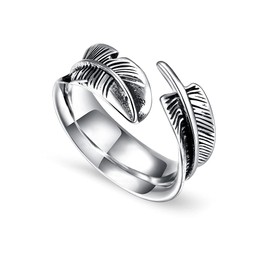 Anillo de hombre, anillo de apertura en forma de pluma, anillo de plumas de 3 tamaños, acero de titanio para novio, anillo ajustable para buen regalo para hombre(8#)