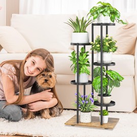 iDavosic.ly 5 Tier Plant Stand Indoor Outdoor, Tiered Corner Multiple Flower Pot Holder Shelf, Metal Tall Orchid Display Rack for Patio Porch Living Room Garden Balcony, Modern Black & Rustic Brown
